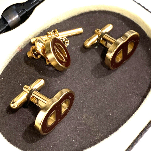 Vintage Swank jewelry set mens cufflinks and tie tack goldtone dark brown enamel - Picture 4 of 7